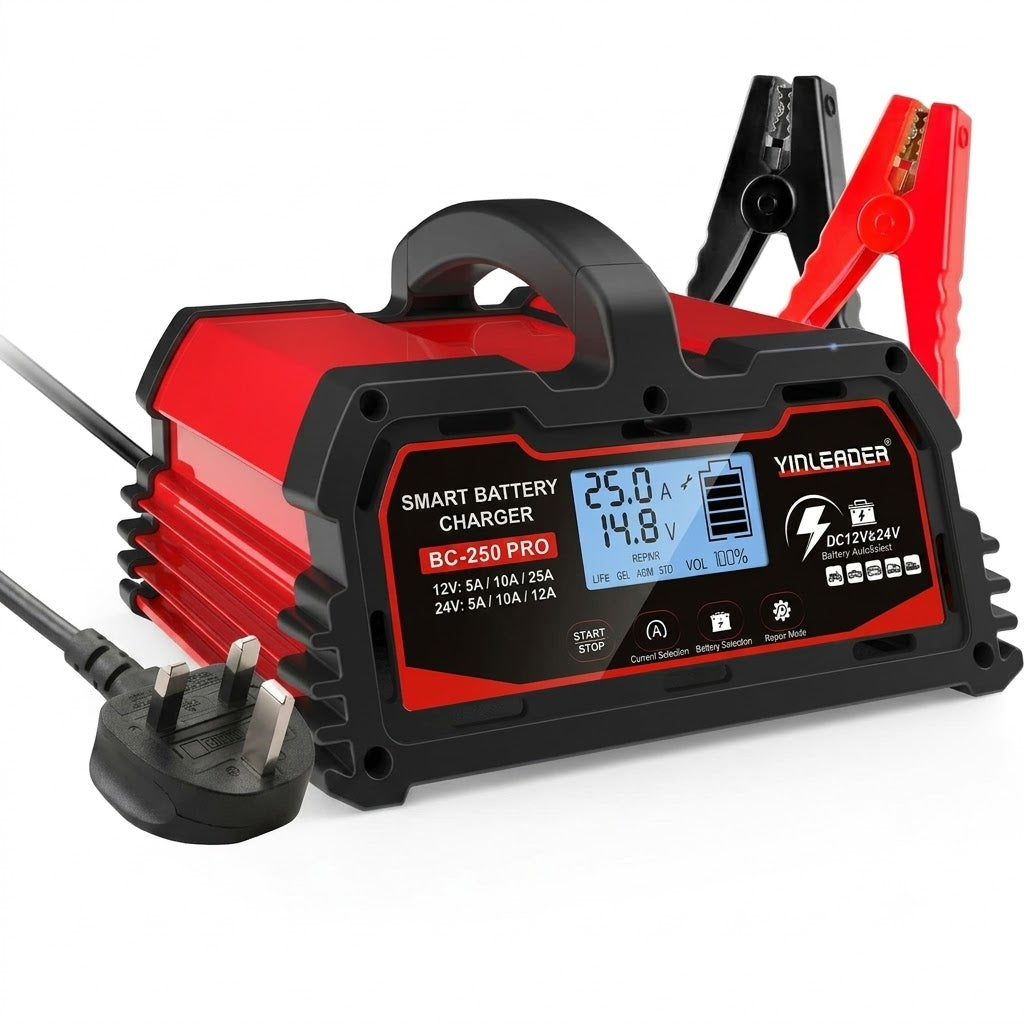 Yinleader 25A Car Battery Charger 12V/24V Intelligent Smart Trickle Charger with LCD Display