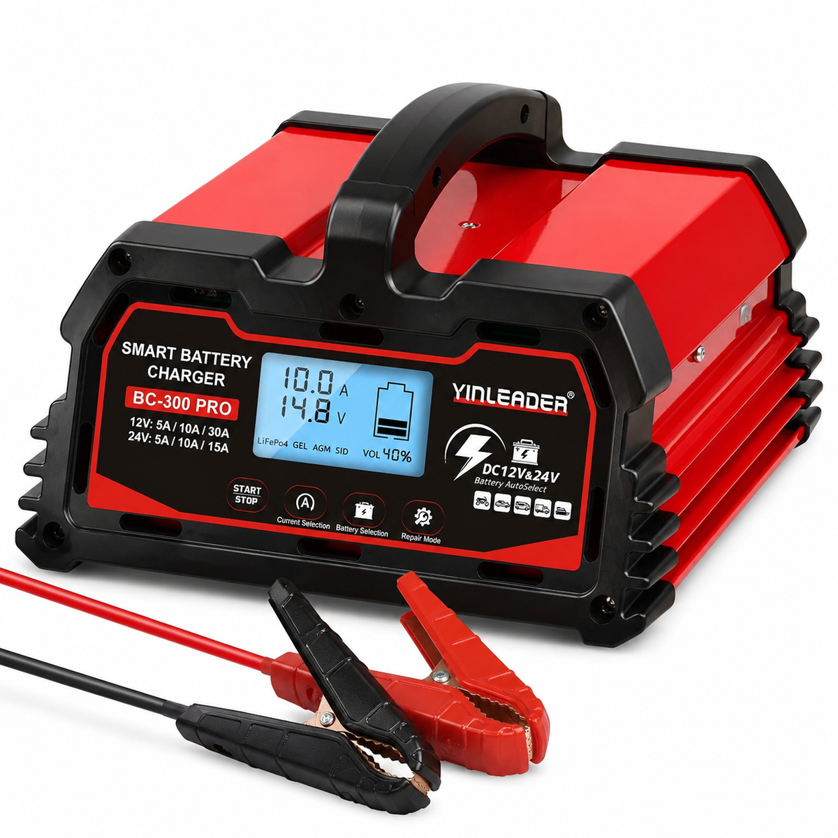 Yinleader 30A Battery Charger 12V/24V Lead Acid Smart Battery Charger with 12V LiFePO4 Trickle Charging