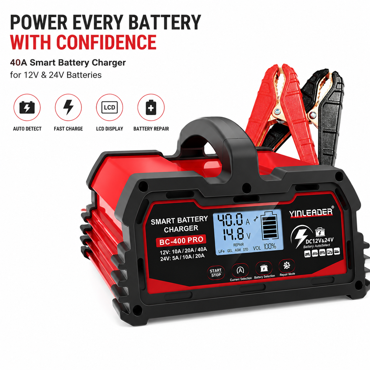 Yinleader 40A Car Battery Charger 12V/24V Fully Automatic Intelligent Battery Charger with LCD Display