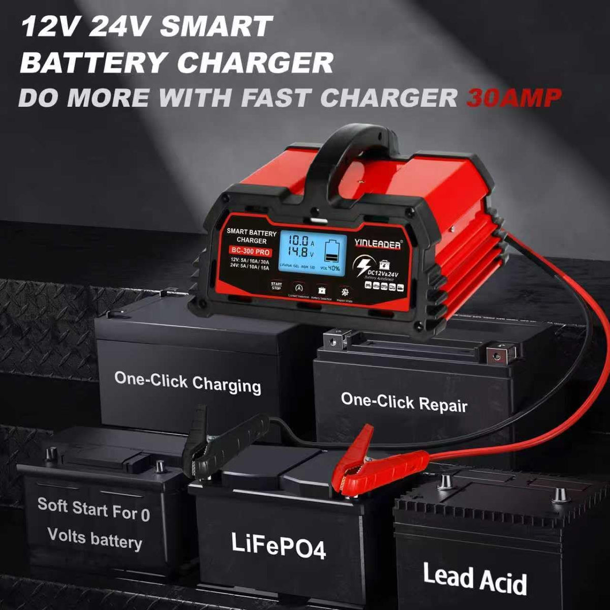 Yinleader 30A Battery Charger 12V/24V Lead Acid Smart Battery Charger with 12V LiFePO4 Trickle Charging