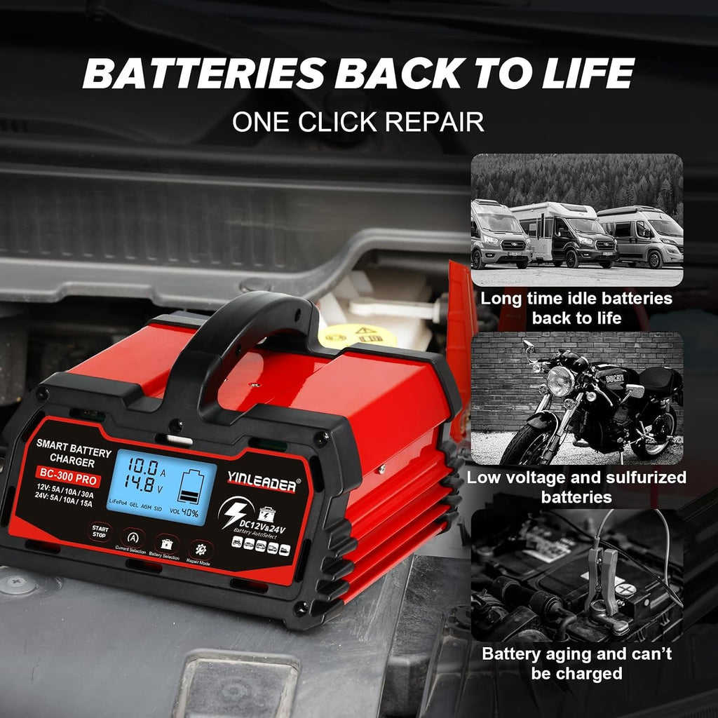 Yinleader 30A Battery Charger 12V/24V Lead Acid Smart Battery Charger with 12V LiFePO4 Trickle Charging