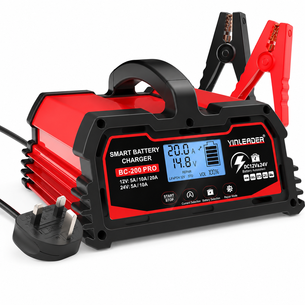 Yinleader 20A Smart Car Battery Charger 12V/24V Intelligent Trickle Charger & Maintainer with LCD Display