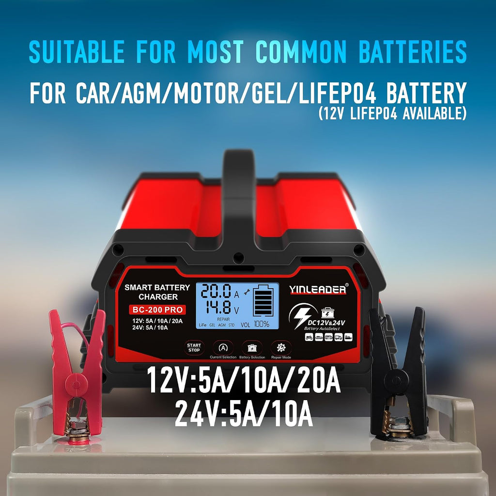 Yinleader 20A Smart Car Battery Charger 12V/24V Intelligent Trickle Charger & Maintainer with LCD Display