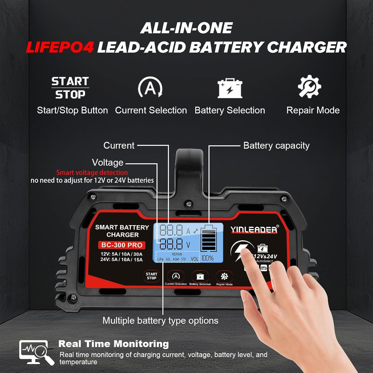Yinleader 30A Battery Charger 12V/24V Lead Acid Smart Battery Charger with 12V LiFePO4 Trickle Charging