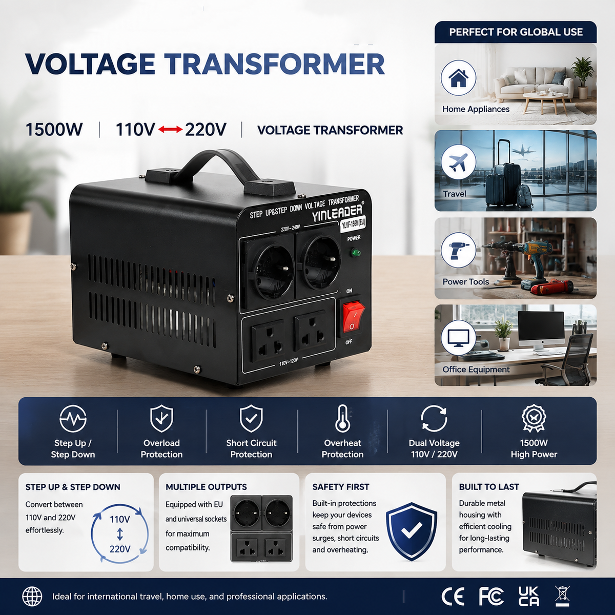Yinleader 1500W  110V to 220V Voltage Converter Transformer Step Up/Down 110/120 Volt - 220/230 Volt Converter