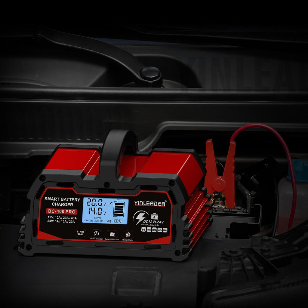 Yinleader 40A Car Battery Charger 12V/24V Fully Automatic Intelligent Battery Charger with LCD Display