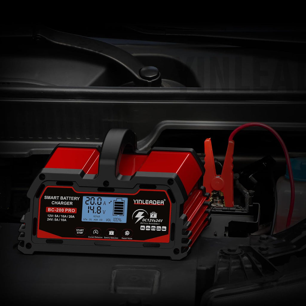 Yinleader 20A Smart Car Battery Charger 12V/24V Intelligent Trickle Charger & Maintainer with LCD Display