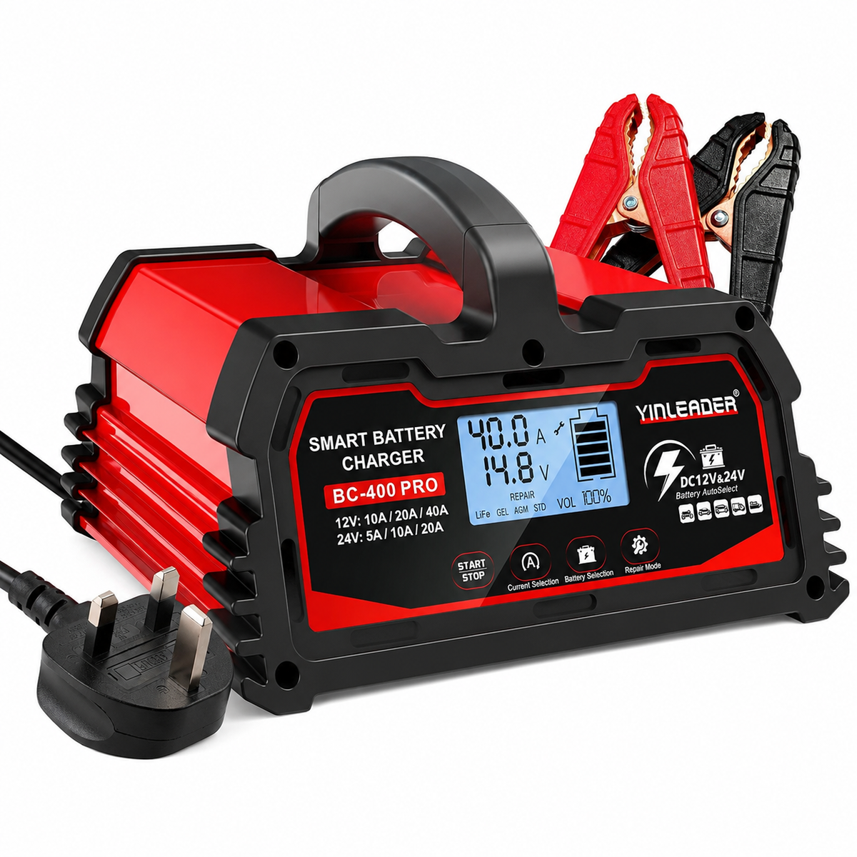 Yinleader 40A Car Battery Charger 12V/24V Fully Automatic Intelligent Battery Charger with LCD Display