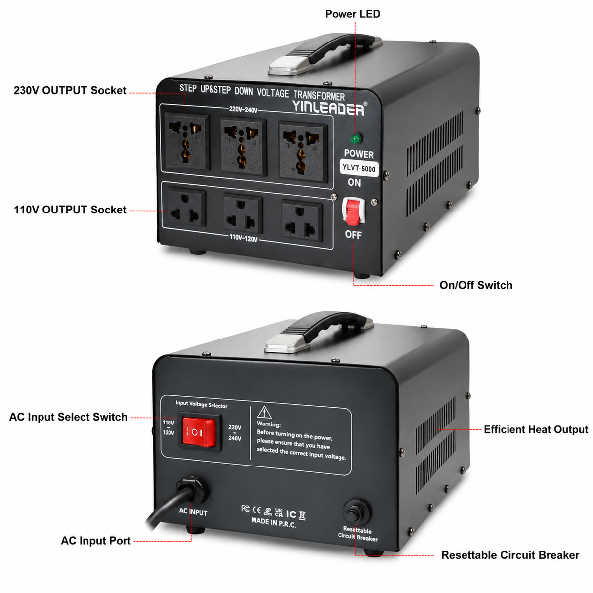 Yinleader 5000W PRO Voltage Transformer Converter Step Up/Down 110V/220V