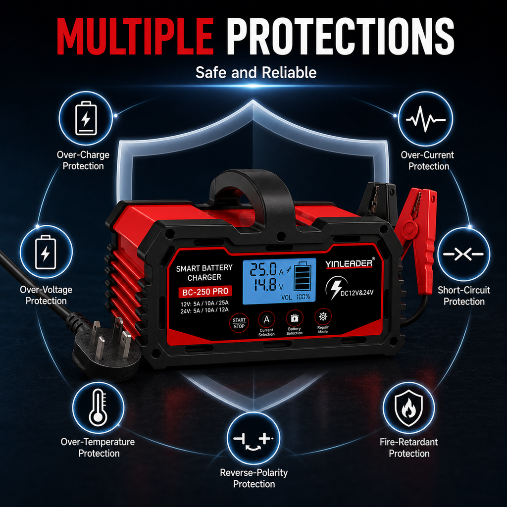 Yinleader 25A Car Battery Charger 12V/24V Intelligent Smart Trickle Charger with LCD Display