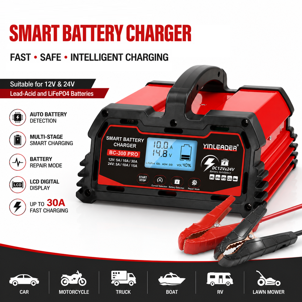 Yinleader 30A Battery Charger 12V/24V Lead Acid Smart Battery Charger with 12V LiFePO4 Trickle Charging