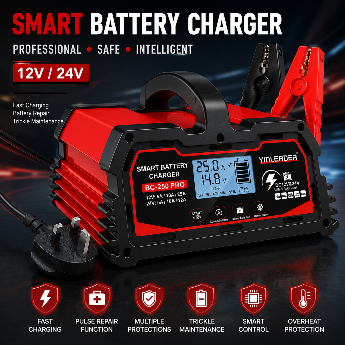 Yinleader 25A Car Battery Charger 12V/24V Intelligent Smart Trickle Charger with LCD Display