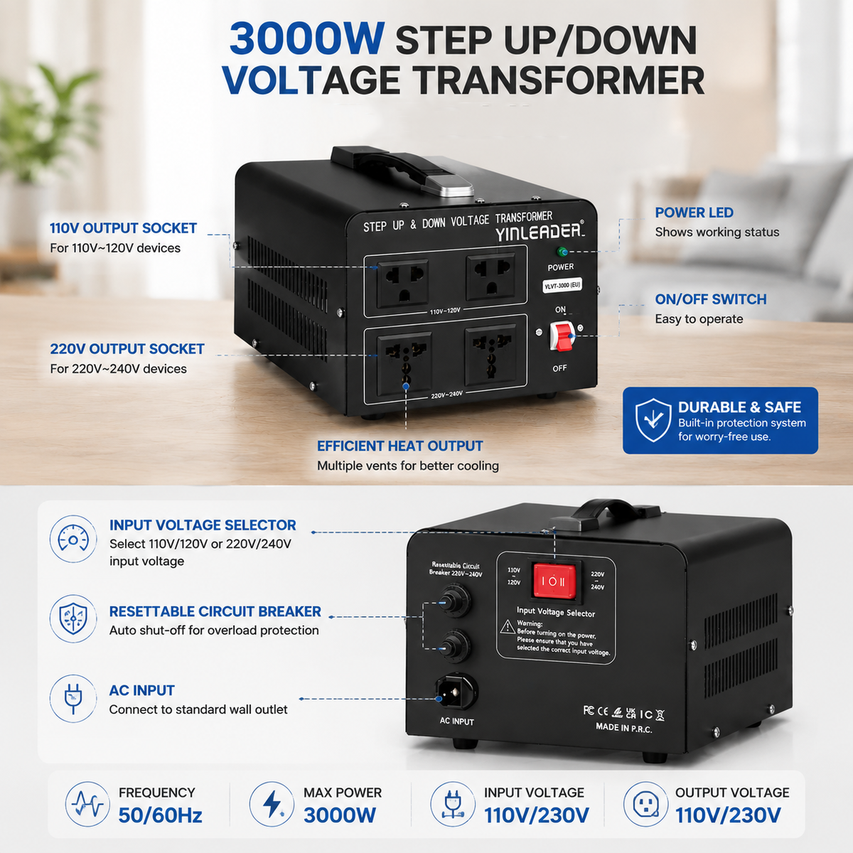 Yinleader 3000VA 110 Volt Voltage 110V to 220V or 220V to 110V Converter Transformer