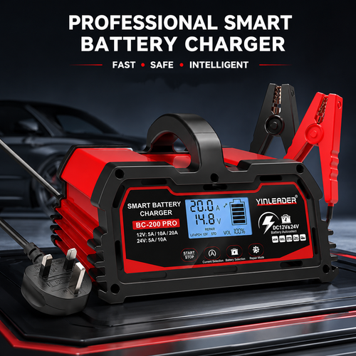 Yinleader 20A Smart Car Battery Charger 12V/24V Intelligent Trickle Charger & Maintainer with LCD Display